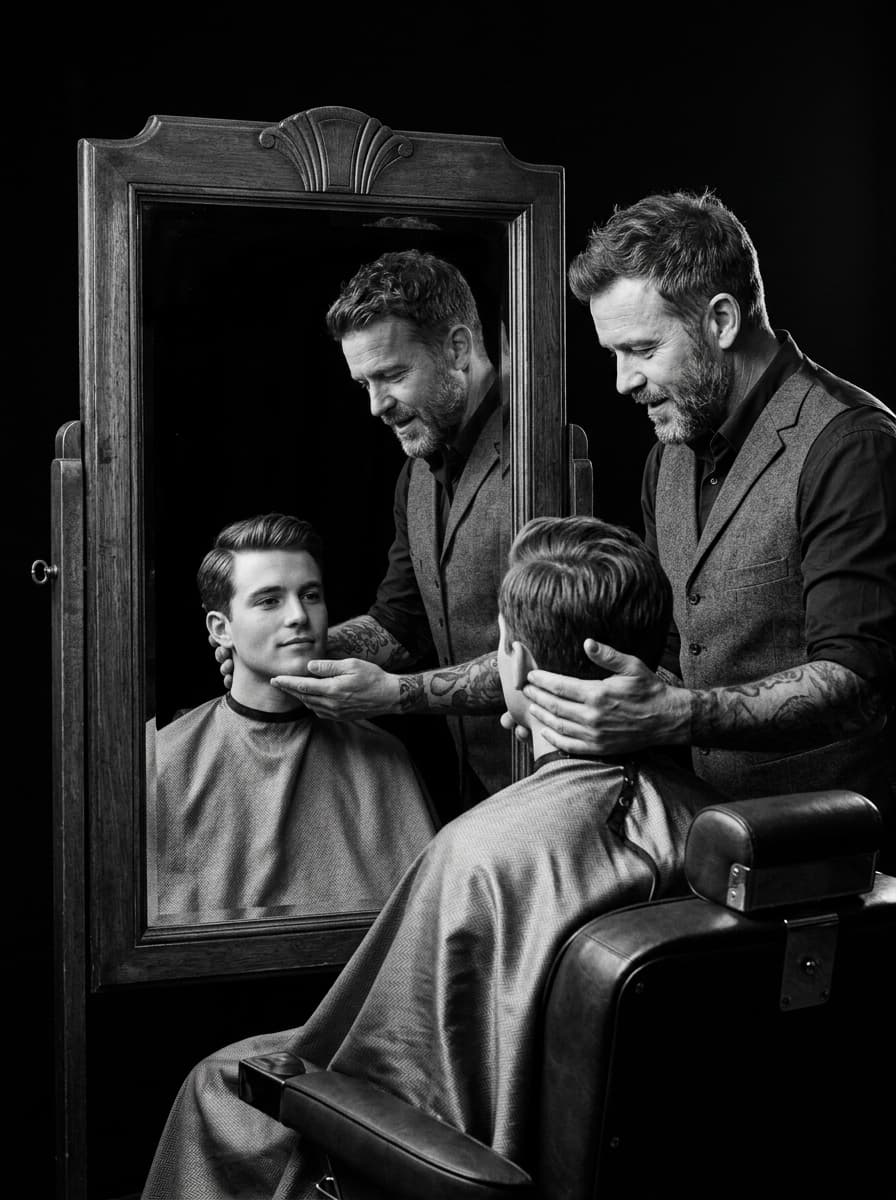 Maestro barbero analizando la morfología facial del cliente frente al espejo