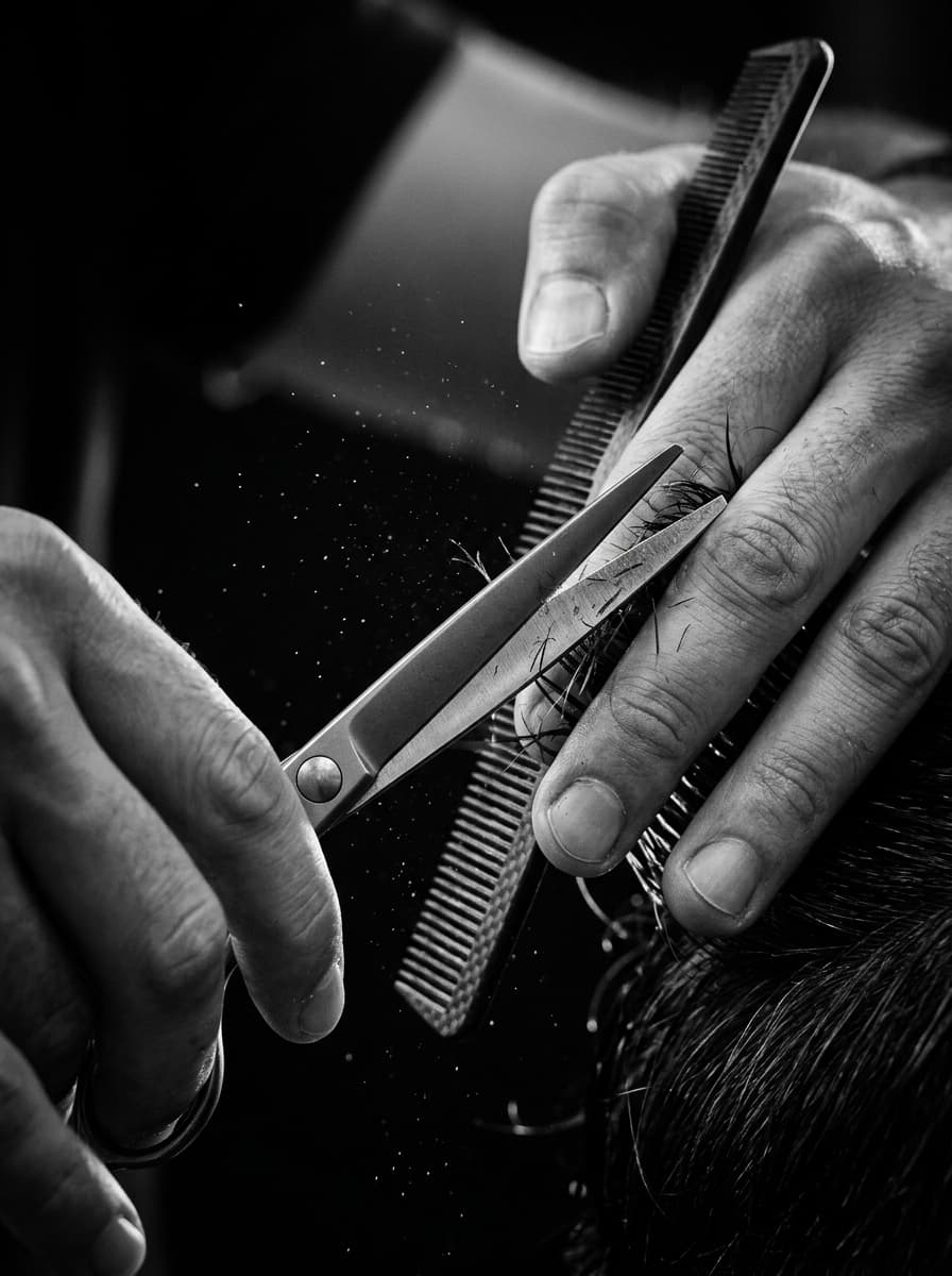 Detalle macro de tijera japonesa cortando el cabello con exactitud milimétrica