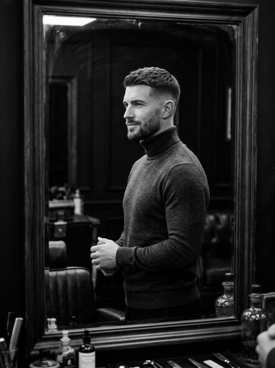 Cliente impecable con corte y barba esculpidos mirando con confianza al espejo